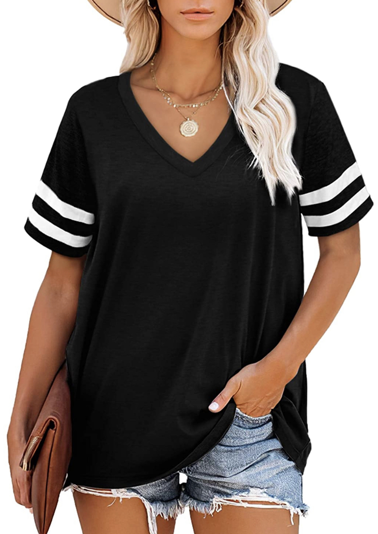 black vneck tee with striped sleeve