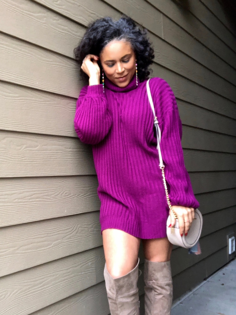 purple turtleneck sweater dress