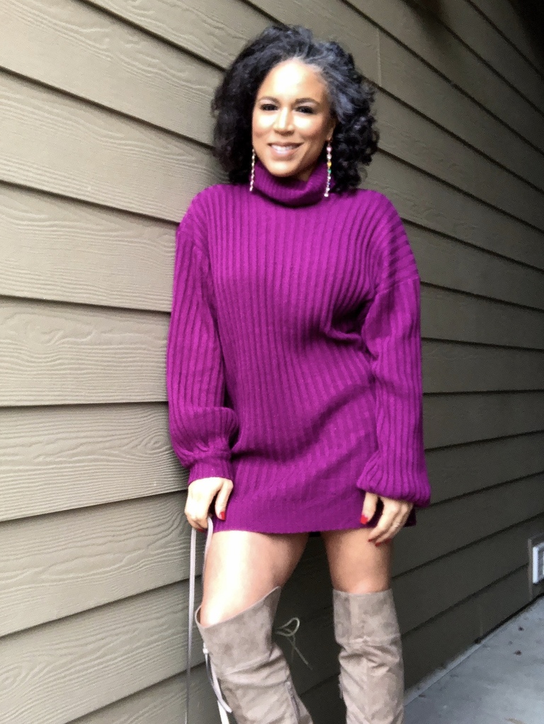 purple turtleneck sweater dress