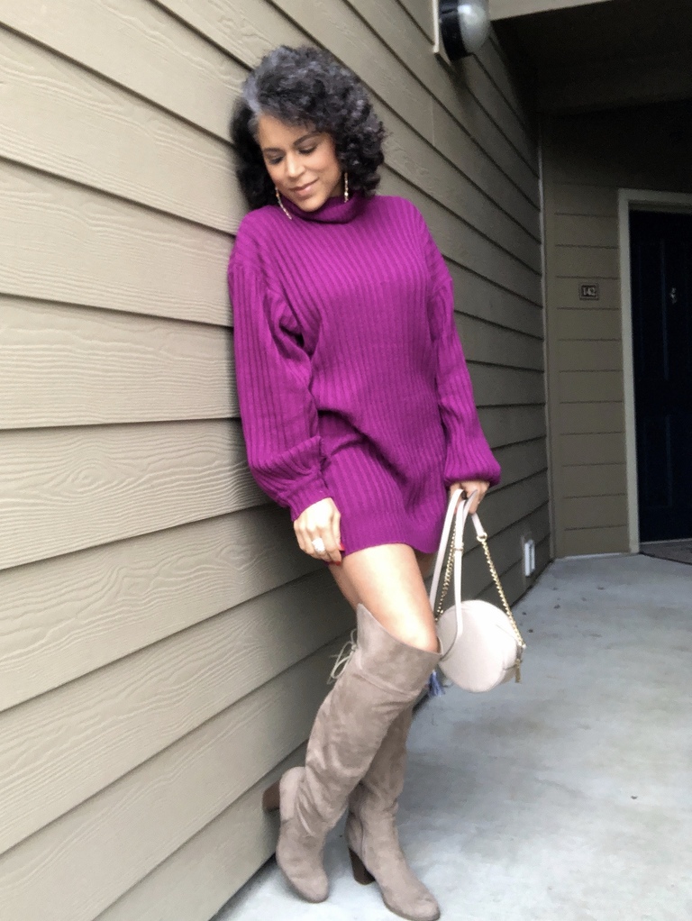 purple turtleneck sweater dress