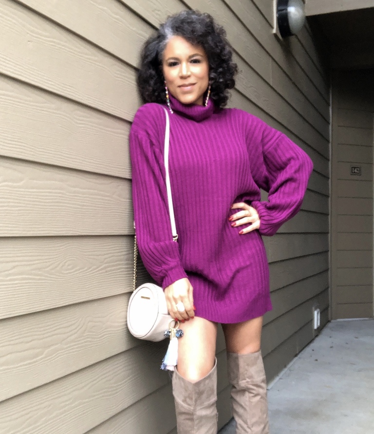 purple turtleneck sweater dress