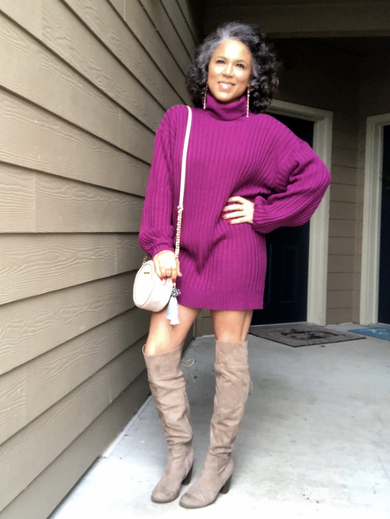 purple turtleneck sweater dress