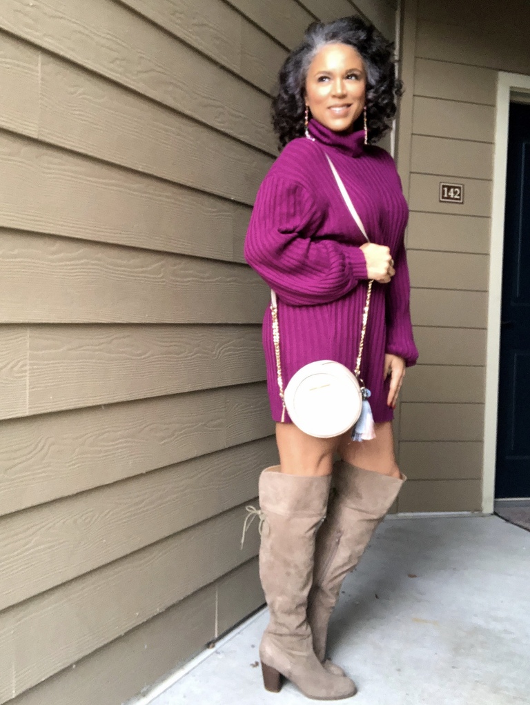 purple turtleneck sweater dress