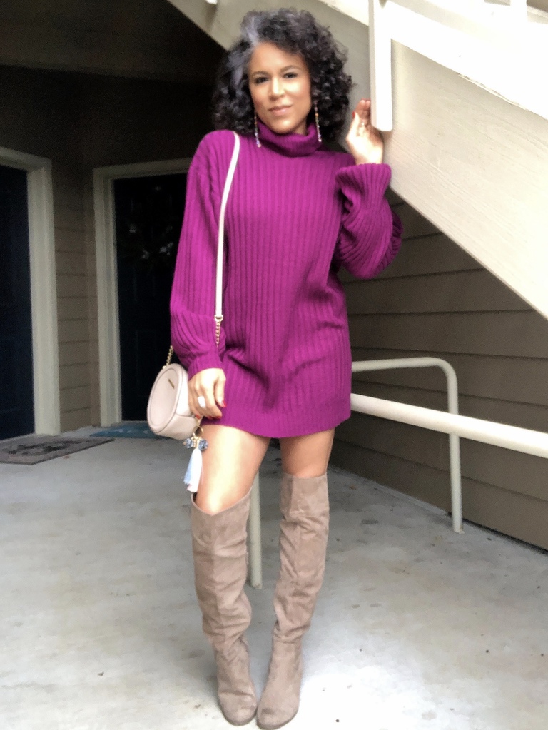 purple turtleneck sweater dress