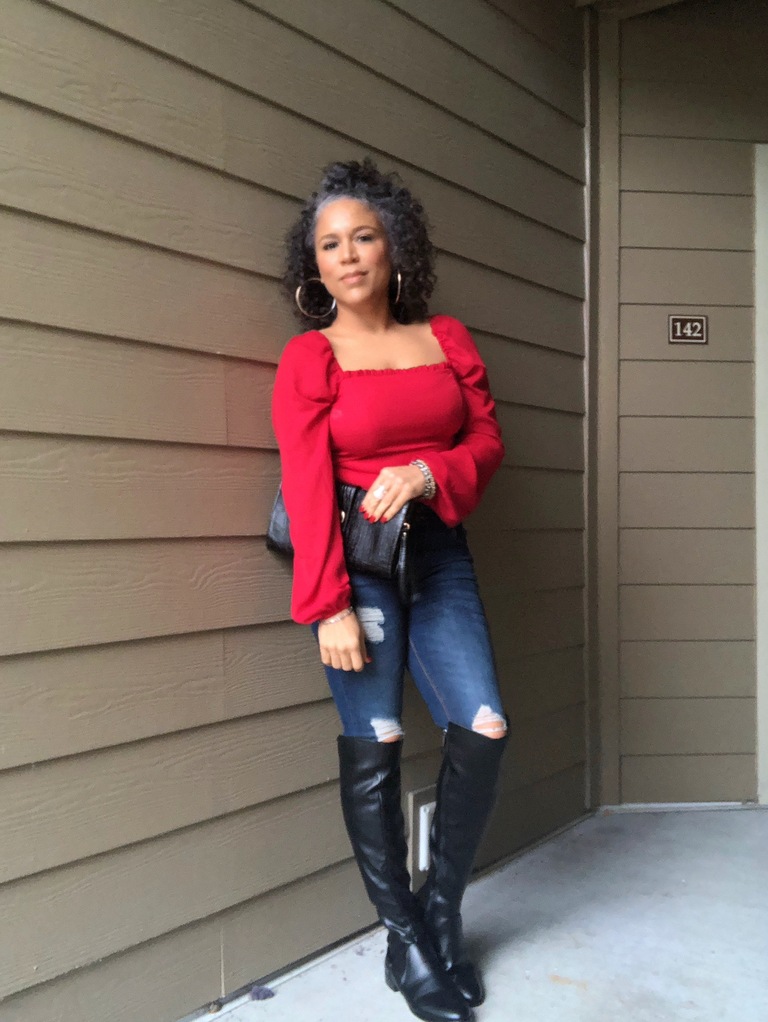 red blouse black boots