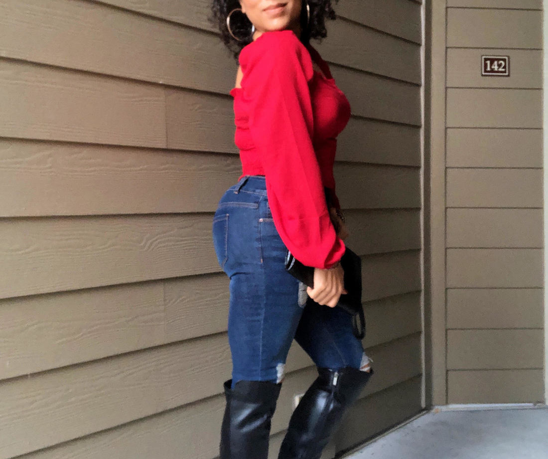 red blouse and jeans