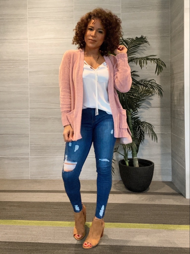 blush pink cardigan outfit