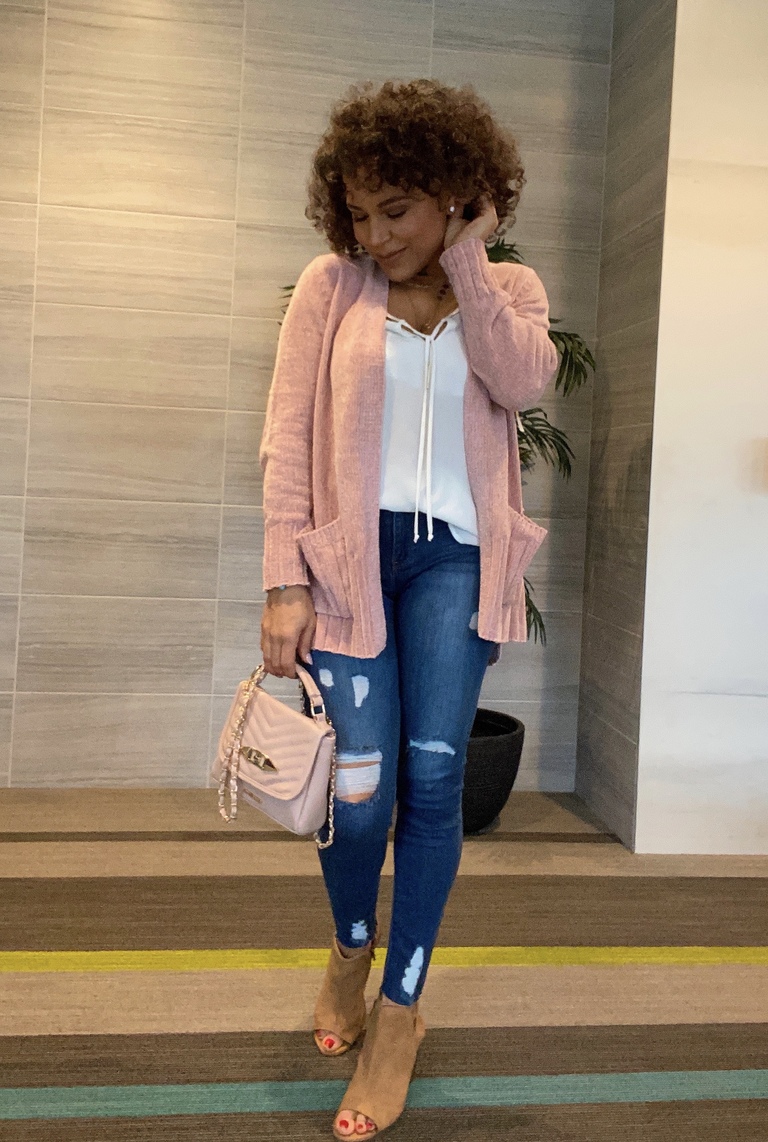 blush pink cardigan outfit