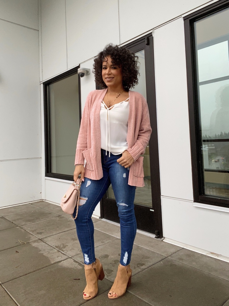 blush pink cardigan outfit