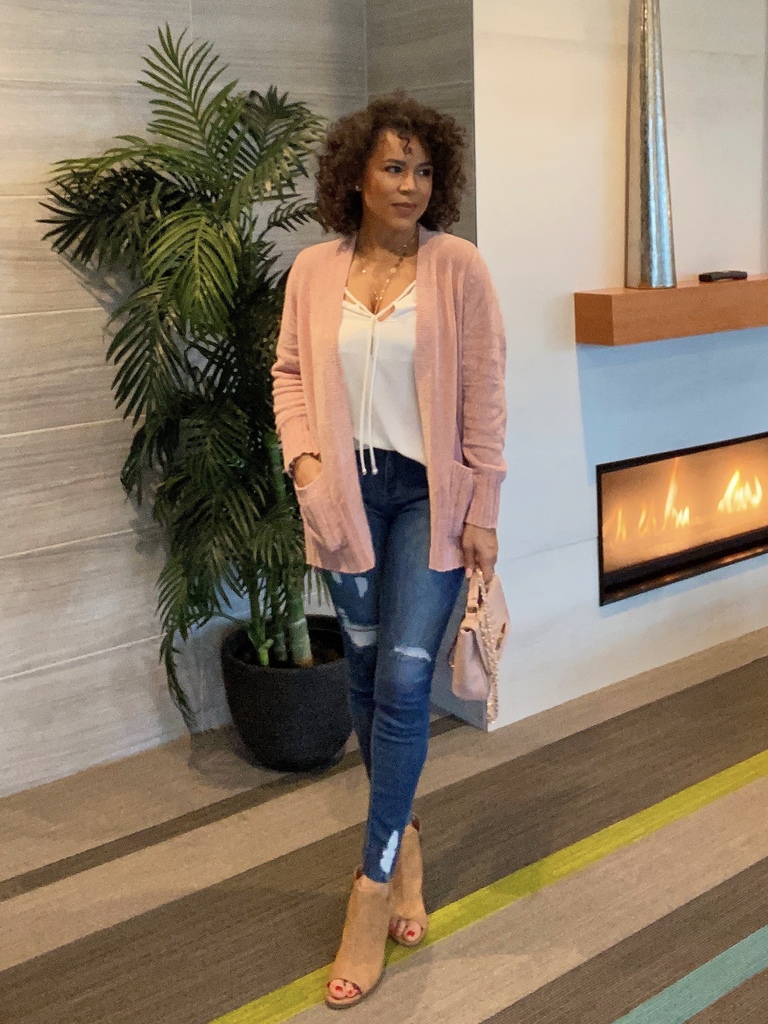 blush pink cardigan outfit