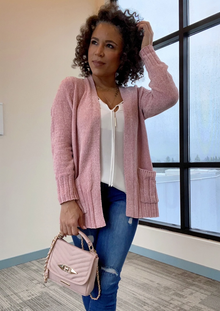 blush pink cardigan outfit