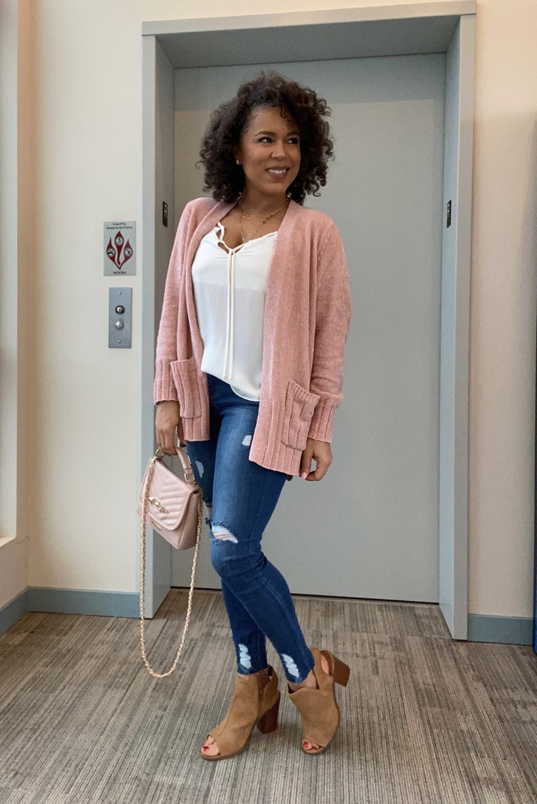 blush pink cardigan outfit