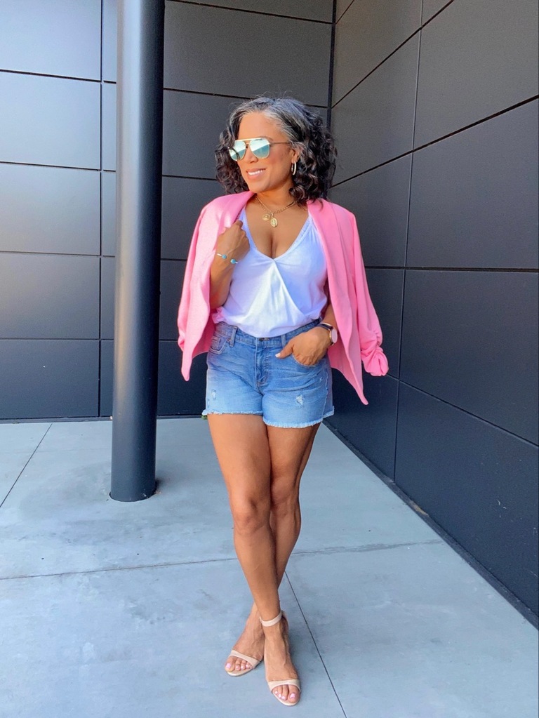 blazer and denim shorts outfit