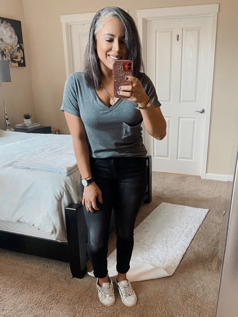 charcoal gray vneck tee outfit ideas