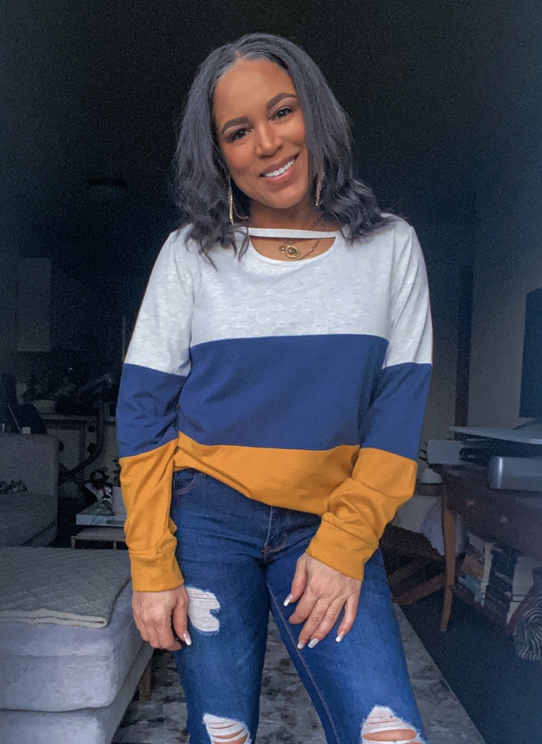 color block long sleeve top white navy gold