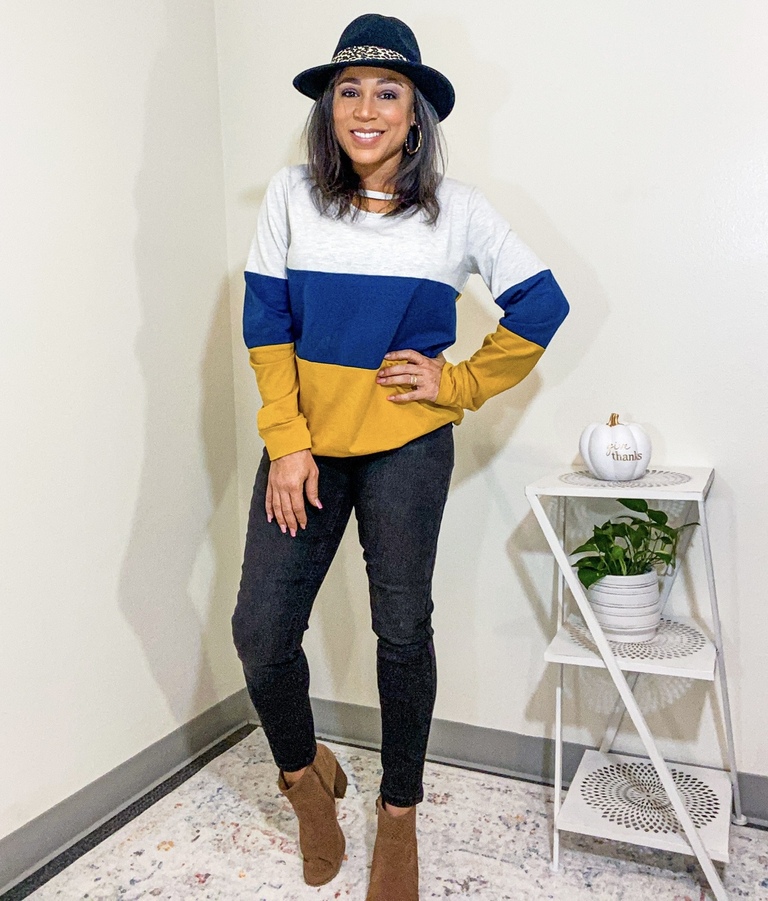color block long sleeve top white navy gold