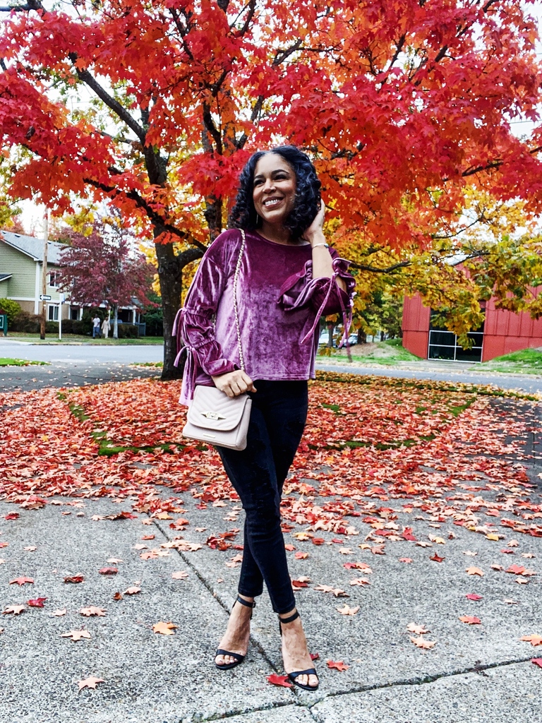 mauve bell sleeve velvet top