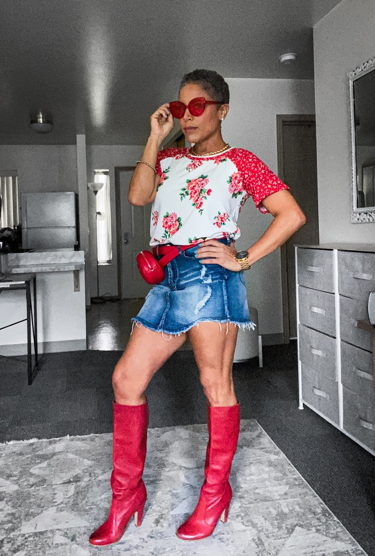 Red & White Floral T-shirt & Red Boots