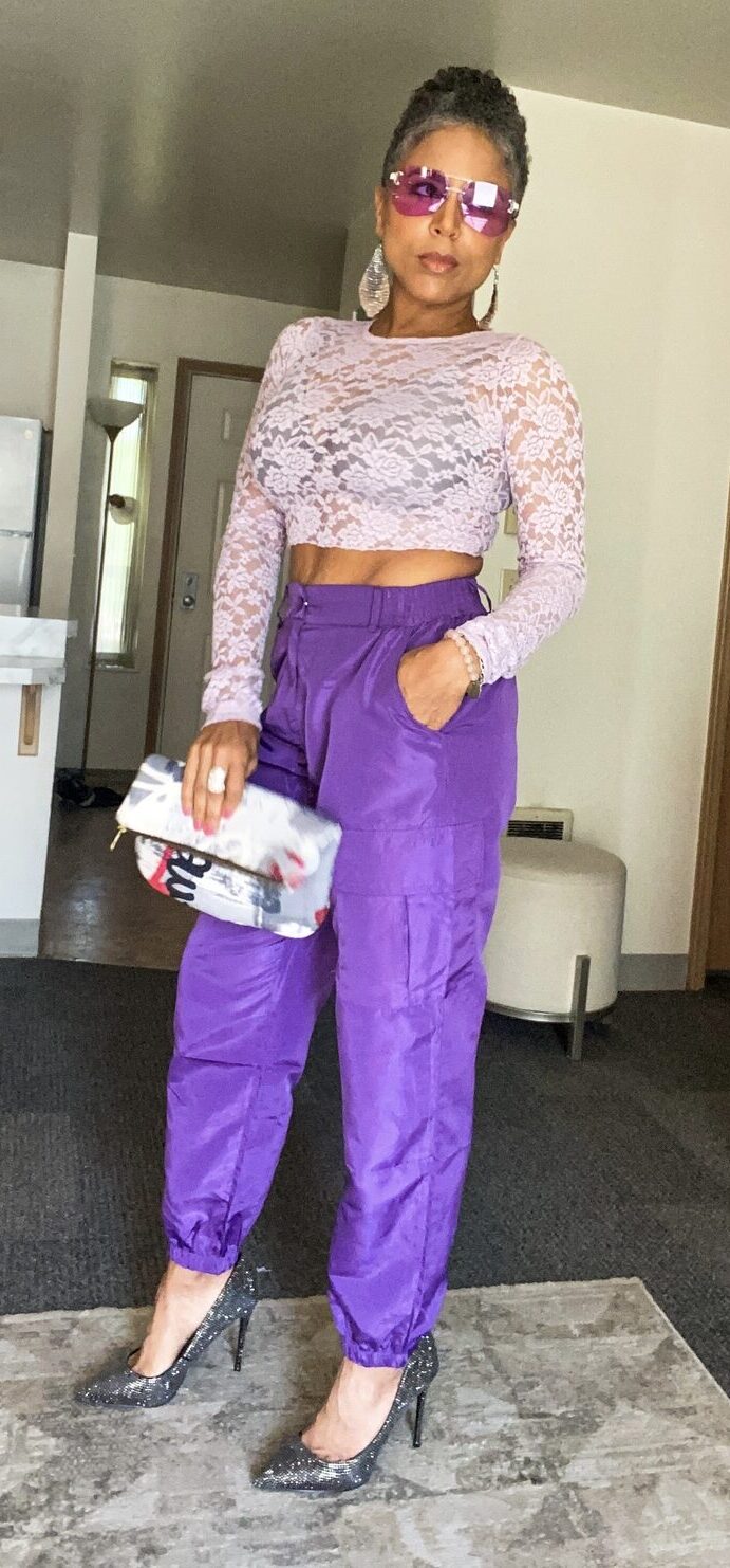 Purple Cargo Joggers & Violet Lace Cropped Top - Holly Lowe Jones