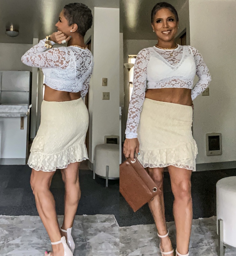 White Lace Crop Top & Cream Lace Skirt